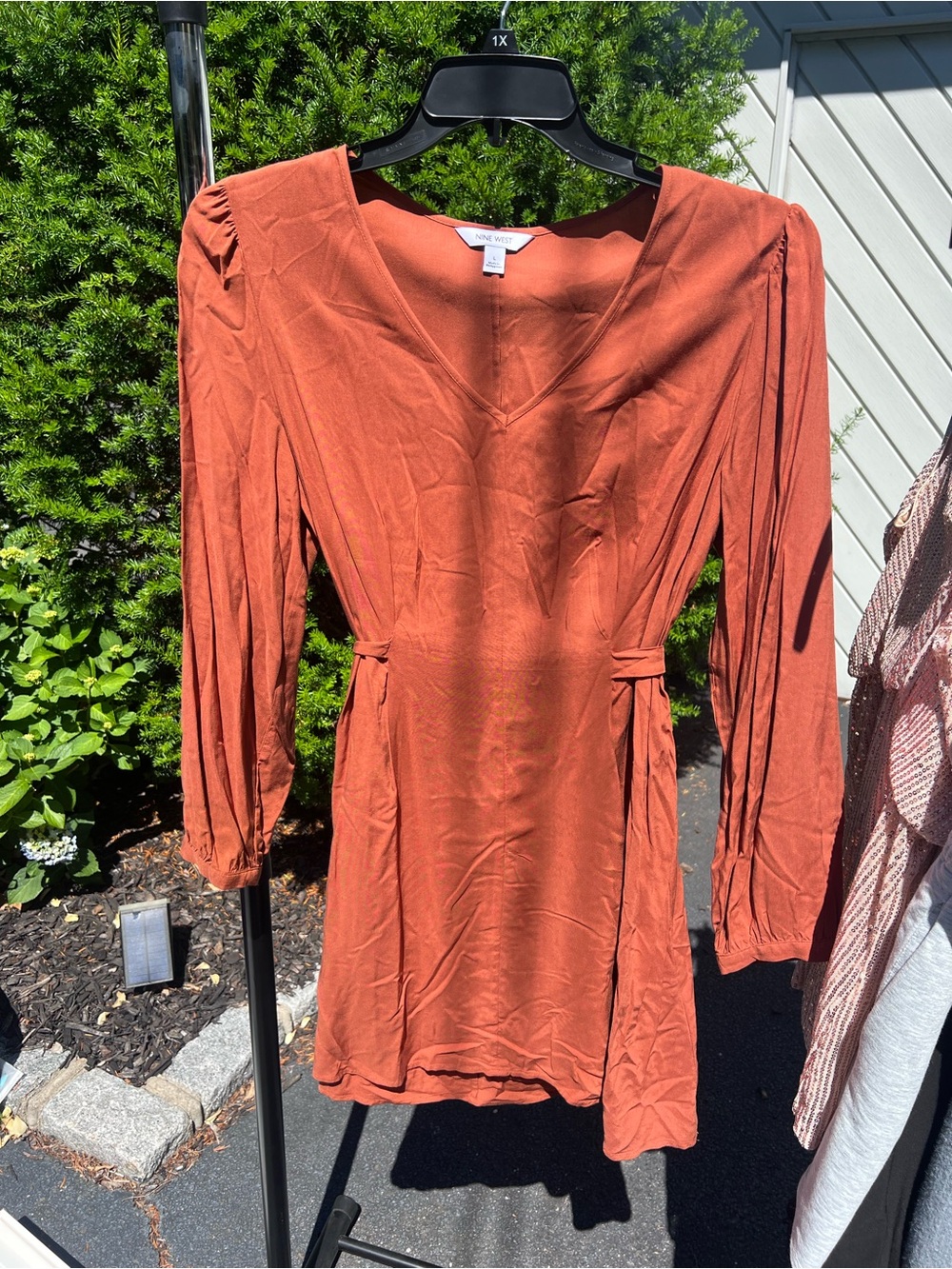Nine West Burnt Orange Long Sleeve V-Neck Waist-Tie Dress